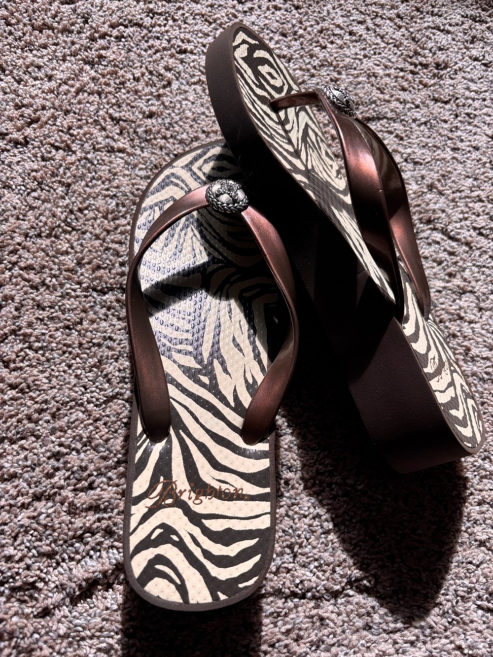 Brighton Brown Zebra-Print Wedge Flip Flops